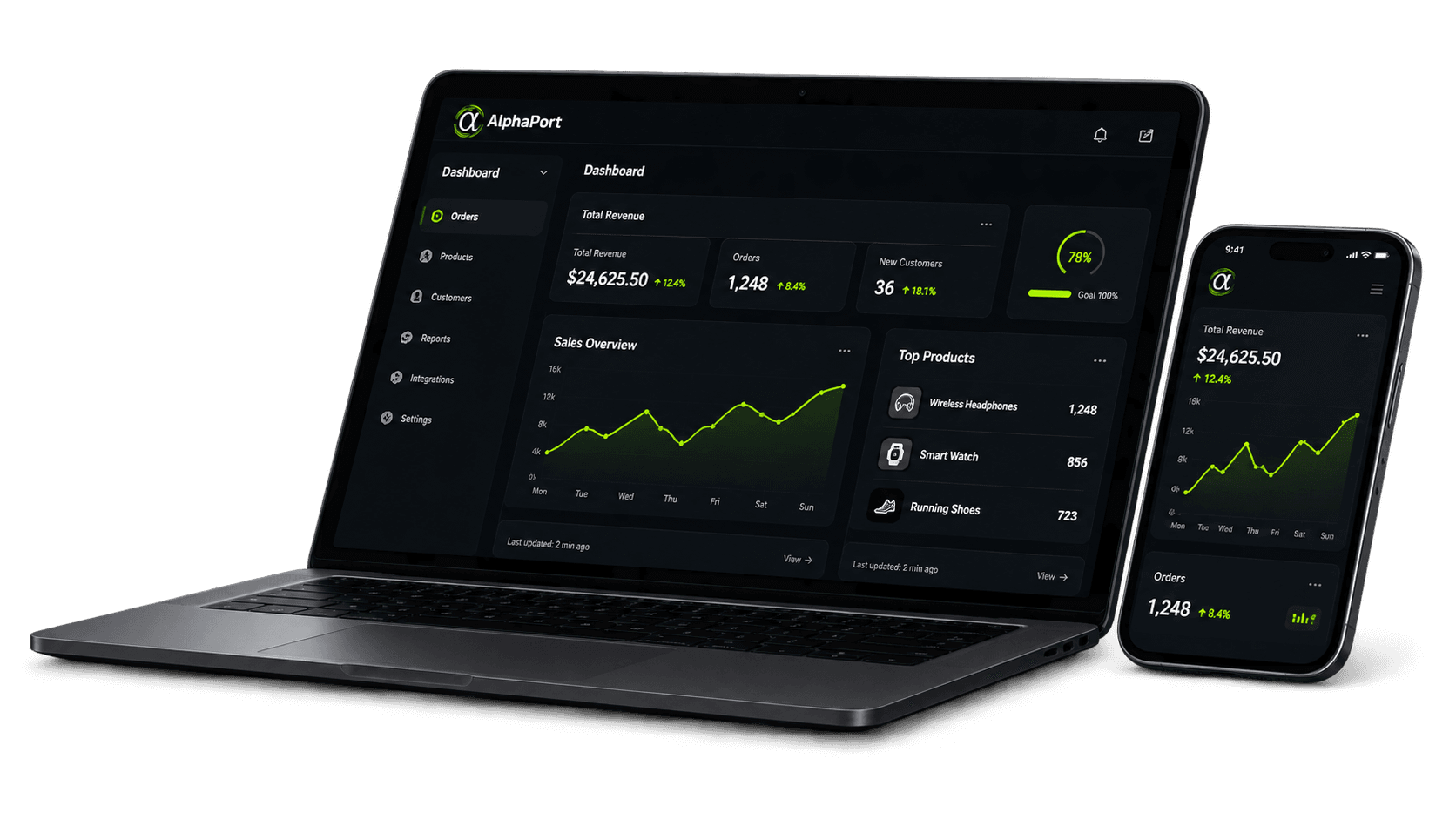 AlphaPort dashboard on a laptop and mobile phone