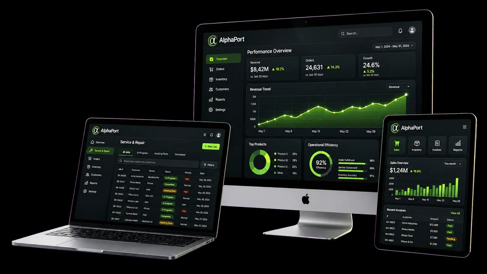 AlphaPort software on a desktop, laptop and tablet